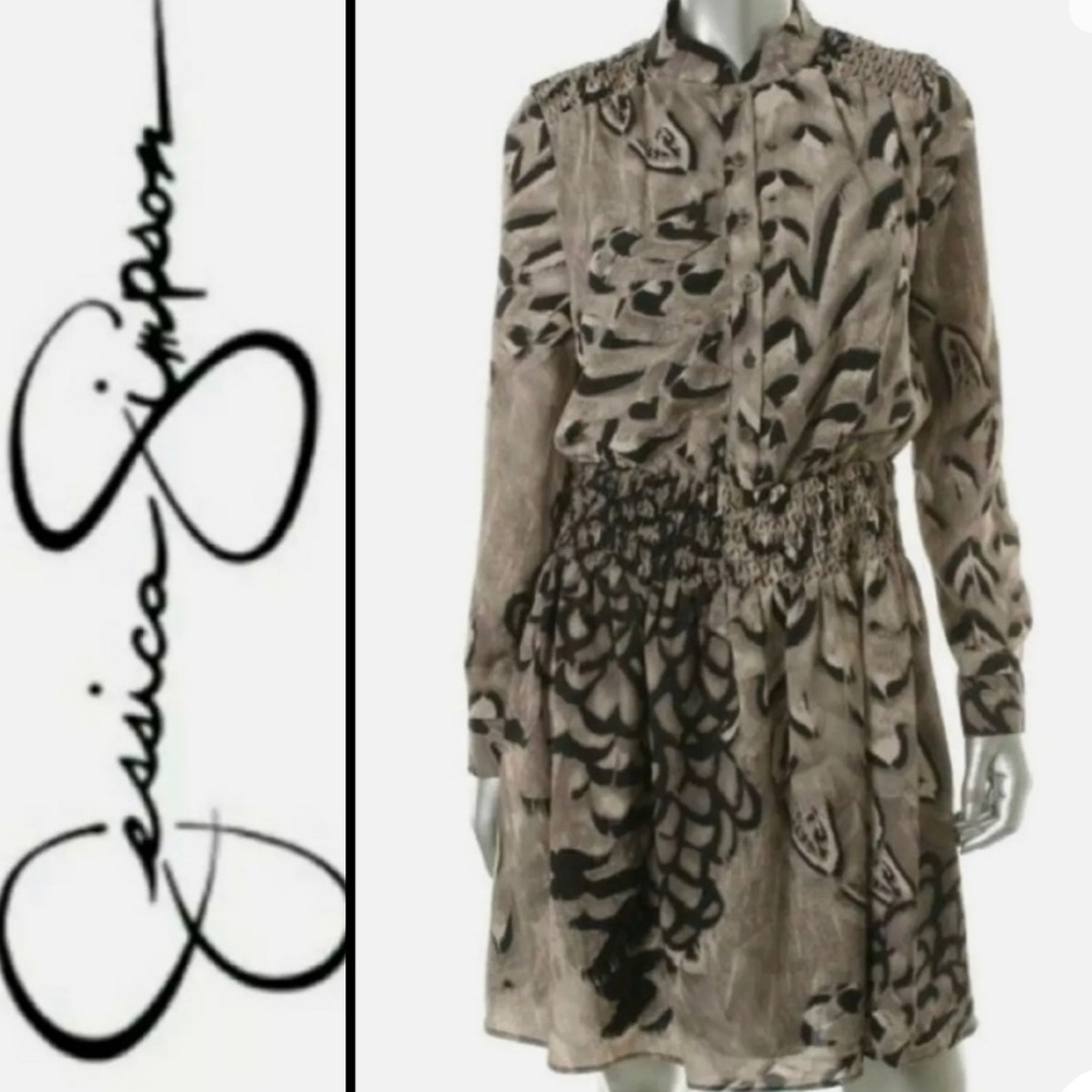 NWOT - Jessica Simpson Gray Black Chiffon Smocked Pocket Shirt Dress